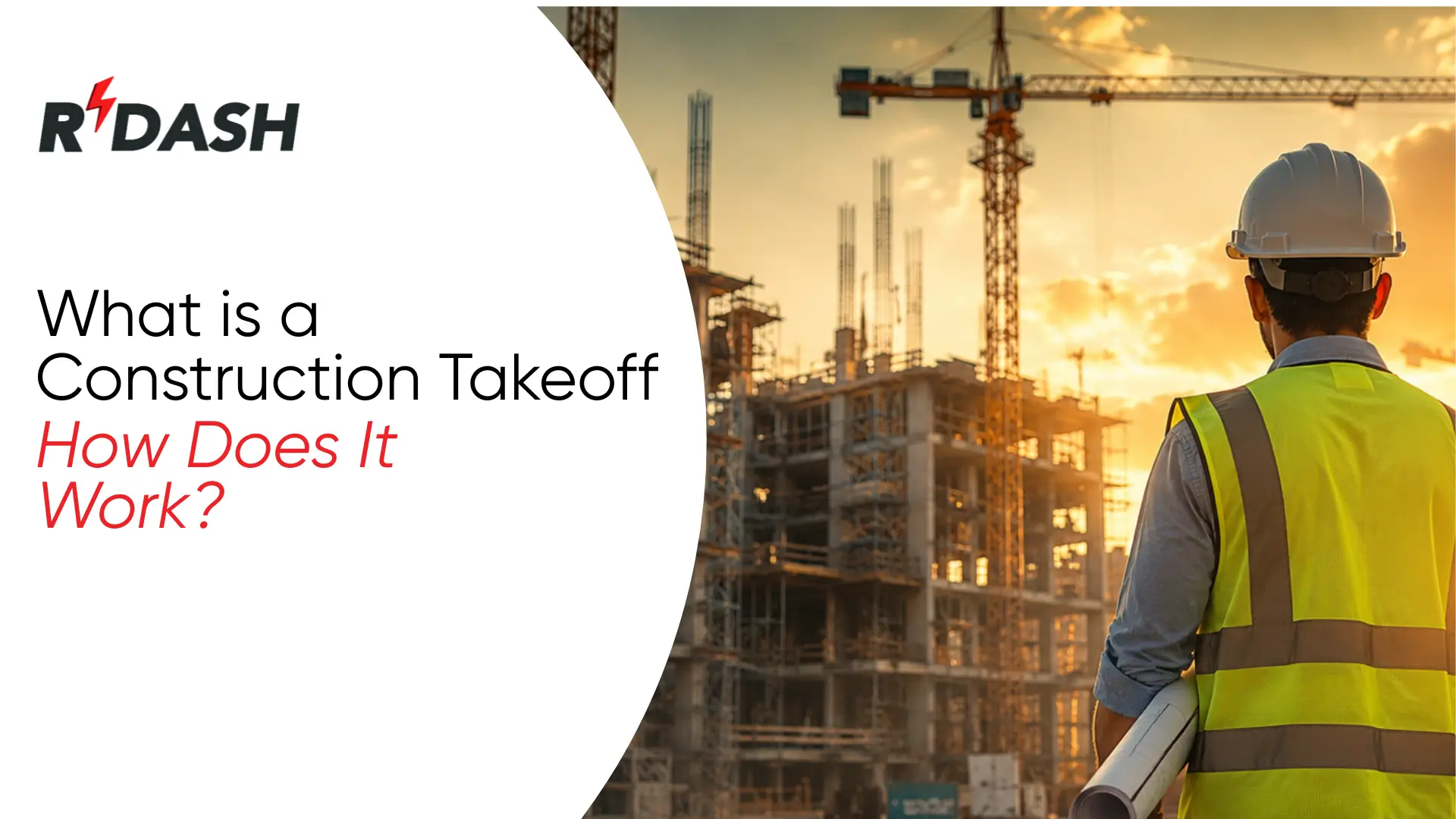Sunset construction site with cranes and partially built structure, worker in helmet and vest holding blueprints, overlaid text “What is a Construction Takeoff, How Does It Work?”