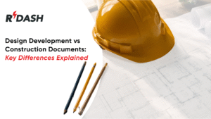 Construction blueprints and a yellow safety helmet illustrating the key differences between Design Development (DD) and Construction Documents (CD) in architectural design, project planning, and construction management.