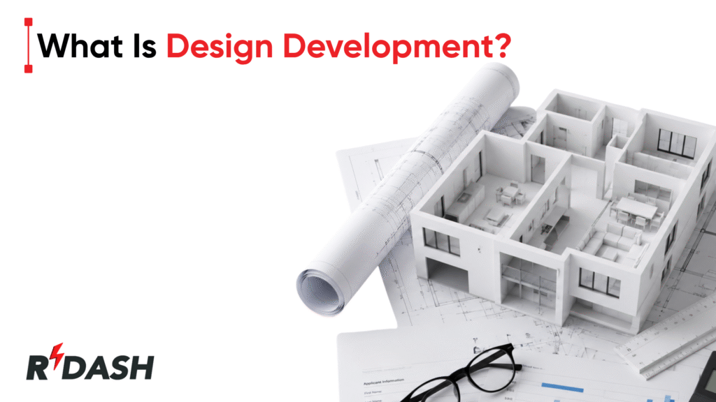 3D architectural house model with construction blueprints, rolled floor plans, eyeglasses, and project documents illustrating the design development phase in construction project management and architectural planning
