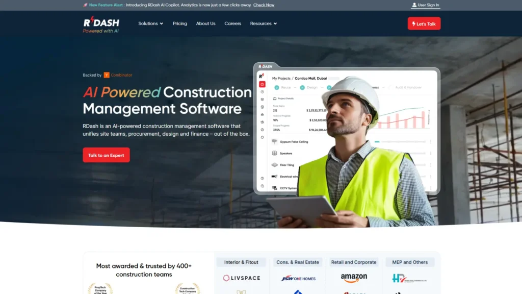 Homepage banner of RDash AI-powered construction management software featuring a construction professional wearing a safety helmet and high-visibility vest while using a tablet on-site. A project management dashboard with real-time analytics, budgeting, progress tracking, procurement, design, and finance tools is displayed in the background, highlighting digital construction project management, workflow automation, and AI-driven construction software solutions.