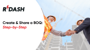 A construction site background featuring two professionals shaking hands, with the R-Dash logo and the text 'Create & Share a BOQ: Step-by-Step' overlay, illustrating a guide for preparing a Bill of Quantities.