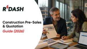 Banner for RIDASH titled 'Construction Pre-Sales & Quotation Guide (2026)' featuring a man and woman reviewing a construction proposal document at a desk with blueprints and a laptop.