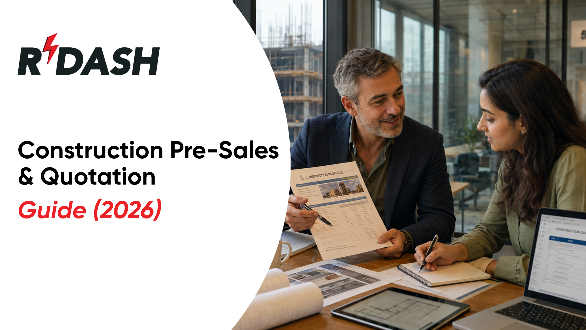 Banner for RIDASH titled 'Construction Pre-Sales & Quotation Guide (2026)' featuring a man and woman reviewing a construction proposal document at a desk with blueprints and a laptop.