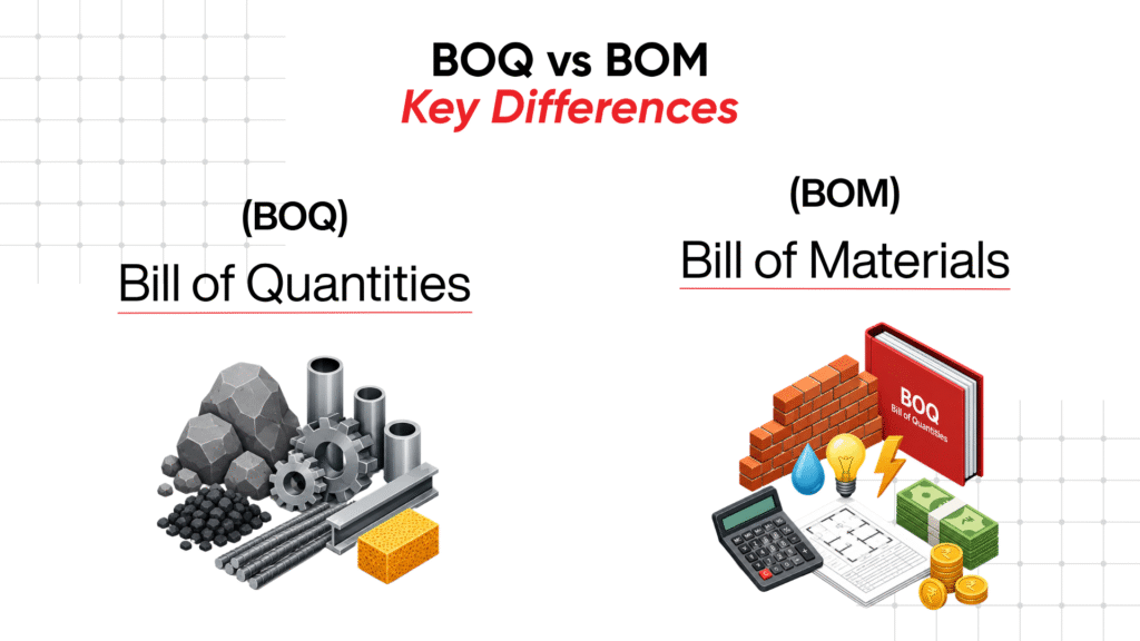 Infographic titled 'BOQ vs BOM Key Differences' comparing a Bill of Quantities (BOQ) with a Bill of Materials (BOM). The visual contrasts construction materials like rocks and steel with financial and planning elements such as a calculator, money, and project documentation.