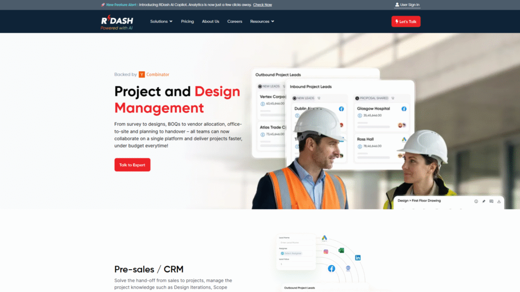 A screenshot of the R-Dash website homepage featuring their 'Project and Design Management' platform, illustrating how teams can collaborate on everything from surveys and BOQs to vendor allocation and project handover.