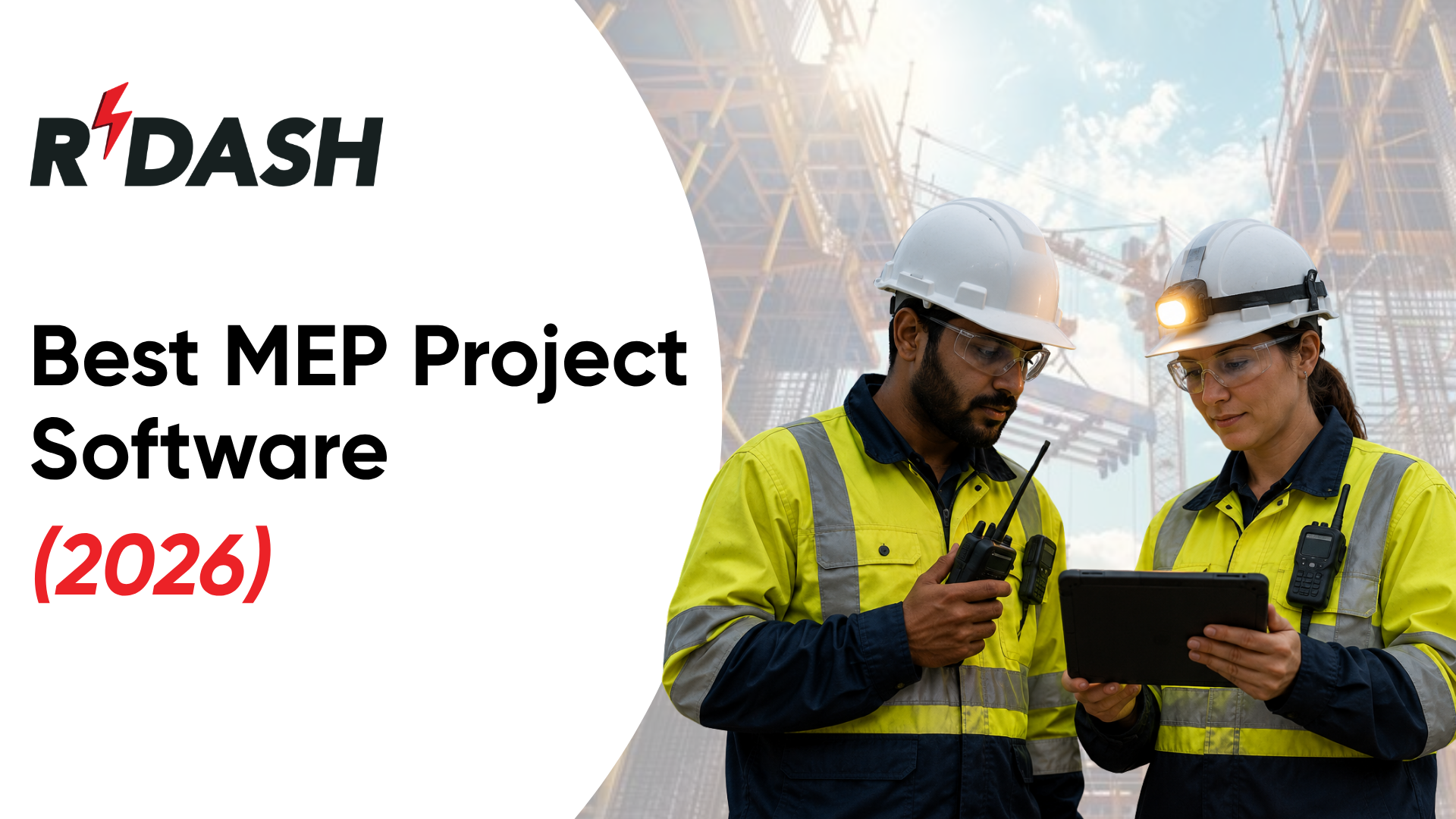 R-DASH header image titled Best MEP Project Software (2026), depicting two construction professionals in high-visibility gear and hard hats collaborating over a tablet and two-way radio at a commercial building site