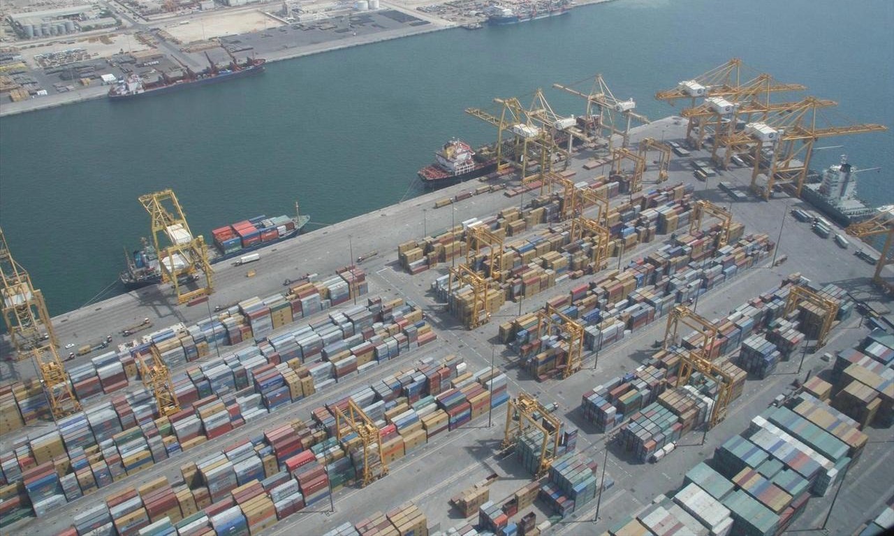 Jebel Ali Port with container cranes and ships